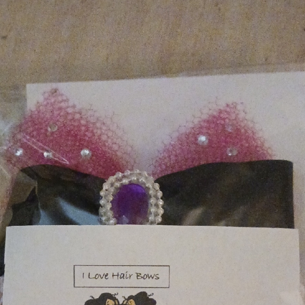 Pink and Black Hair Bow with Gem